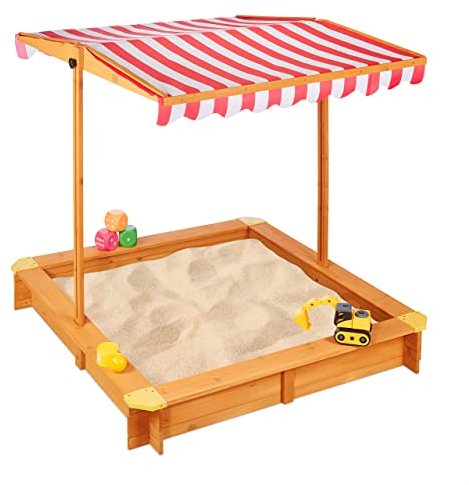 Relaxdays Bac à Sable avec Toit réglable, HxLxP: 117x117x117 cm, Jeu extérieur, Enfants Textile Sol, Bois Sapin,Naturel