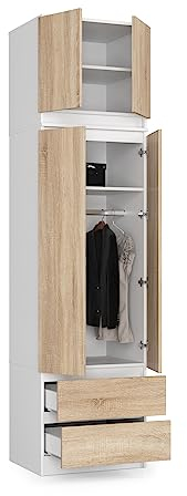 BDW Kleiderschrank mit Aufsatz, 4-türiger Kleiderschrank, 2 Schubladen - Aufbewahrungsschrank - Moderner Schrank für das Schlafzimmer, Wohnzimmer, Flur, 234x60x51cm - Weiß/Eiche Sonoma