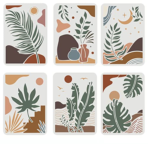 FINGERINSPIRE 6 STÜCKE Boho Blätter Malschablone 29,7x21cm Pflanzen Hügel Sonne Mond Vase schablone Tropische Pflanzenschablone Wiederverwendbare Schablonen für Wand, Kunst, Holzschilder, Basteln