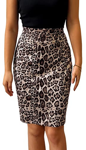 FEOYA Women's Faux Suede Leopard Print Skirt High Waisted Bodycon Pencil Skirt Above The Knee Split Zip Up Sexy Printed Skirts Autumn Winter Spring Warm Stretch Beige S