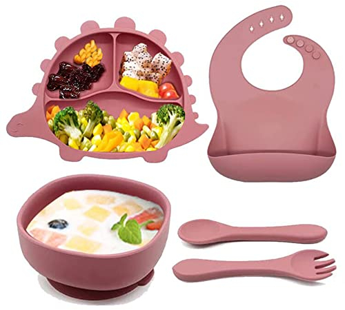 Juego de Vajilla Bebe de Silicona, Vajilla bebe de silicona 5 piezas, Vajilla Bebe Silicona con Ventosa Plato y Cuenco Cuchara Tenedor Babero Set, Bebé Alimentación Aprendizaje Set