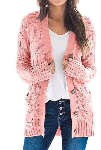 Uusollecy Gilet Long Femme Hiver Chaud De Boutonnage Décontracté Grosse Maille avec Poche Gaufré Cardigan, Rose, XL