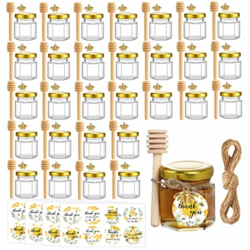 Eidoct Lot de 30 mini pots à miel hexagonaux en verre de 42.5 g avec cuillère en bois, couvercles dorés, pendentifs en forme d'abeille dorée, autocollants Jutes, abeilles, mariage, fête
