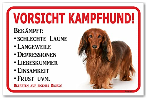 AdriLeo Schild - Vorsicht Roter Langhaardackel - Kampfhund - (20x30cm) / Achtung Hund Wachhund Dackel Teckel Dachshund robust langlebig UV-beständig wetterfestes Warnschild