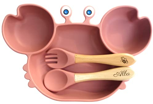 Ensemble repas complet pour enfant avec assiette à ventouse, couverts personnalisés - Idéal pour baptême et naissance - Cadeau original pour bébé - Kit coffret diner pratique et élégant (Rose)