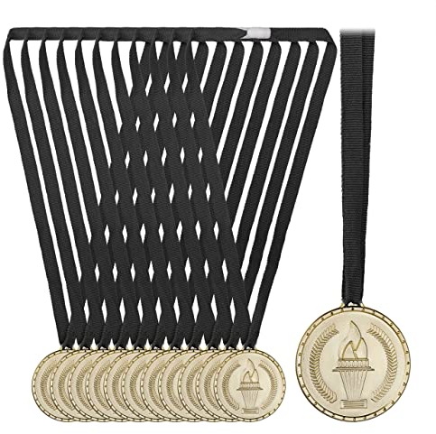 Relaxdays Goldmedaille Kinder, 12er Set, Ø 5 cm, Plastik, mit Band, Medaillenset Kindergeburtstag, Auszeichnung, Gold