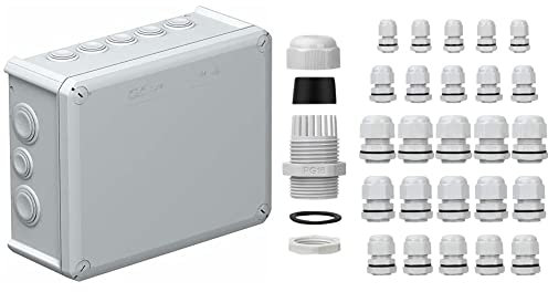 OBO Bettermann Kabelabzweigkasten T250 & 25 Stück Kabelverschraubung, Bolatus Einstellbar 3-15mm Environmental Protection Kabelverschraubungen Kabeldurchführung IP68 Grau
