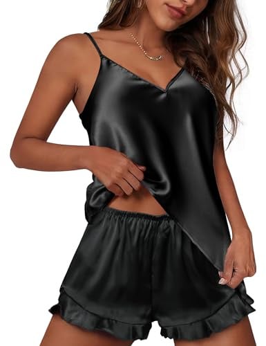 Ekouaer Womens Pyjamas Sets Short Satin Sexy Camisole Black XL