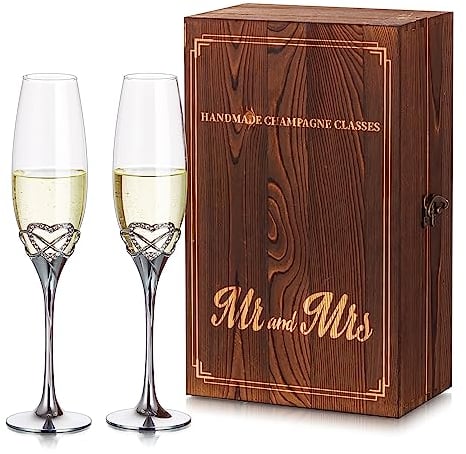 NUPTIO Champagne Flute Cadeau Mariage: Set de 2 Argenté cœur Champagne Flûtes Cristal avec Coffret Bois pour Mariée Marié Fiançailles
