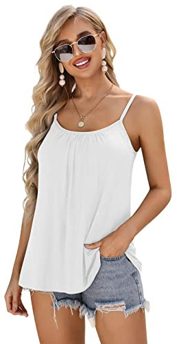Charmo Summer Tank Top for Women Built in Bra Camisole with Adjustable Straps Loose Fit Cami White M
