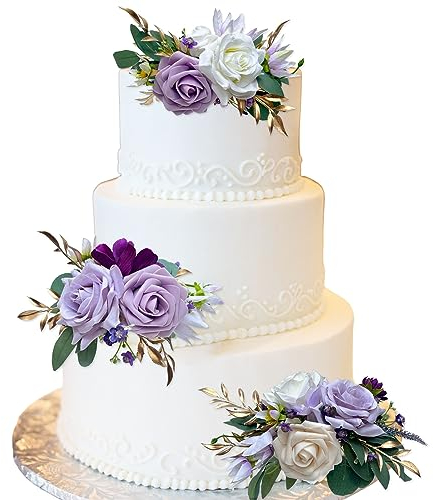 CherishedMoments 3Pcs Cake Topper Set, Wedding Artificial Flowers Decor Purple Cake Topper Decorations for Wedding Ceremony Anniversary, Home Decor,Fall Vintage