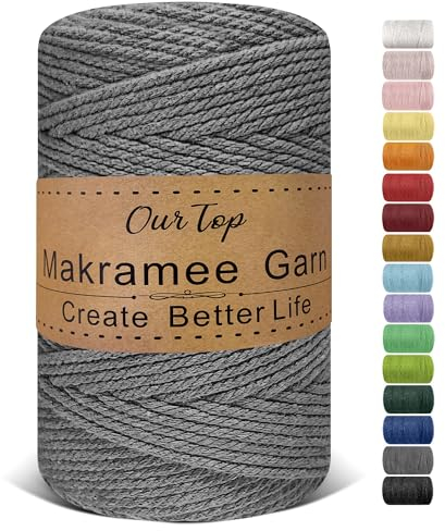 OurTop Premium Makramee Garn Grau, 4mm x 160m Macrame Cord Makramee Schnur Makramee Kordel, Garn für DIY Handwerk, Weben Dekoration, Hängepflanze Pflanze Aufhänger