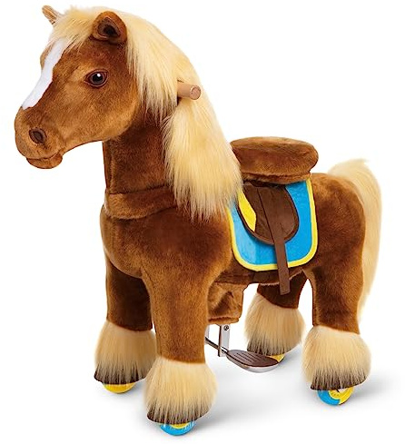PonyCycle® Modell X Pferd auf Rollen | Braun | 3-4 Jahre | mit Bremse | Reitpferd auf Rollen für Kinder, beweglicher Sattel, Handbremse, leise Räder, Indoor & Outdoor, Größe 3