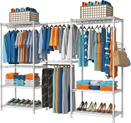VyGrow Clothes Rack for Hanging Clothes, Adjustable Heavy Duty Clothing Rack with 4 Hang Rods & 7 Shelves, Load 800LBS, 70.47 L x 13.58 W x 76.77 H, White