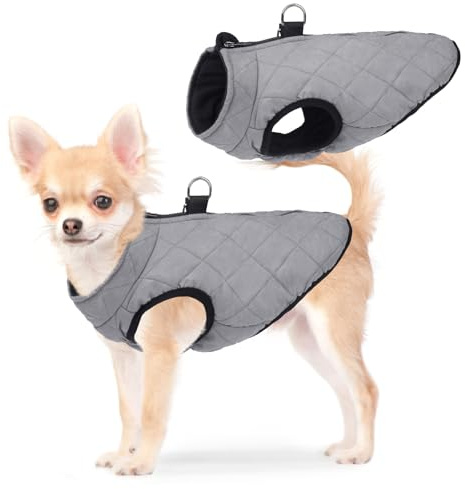 SCENEREAL Winter Dog Vest Coat with Harness Built In, Gray XS | Warm Puppy Jacket for Small Medium Dogs, Cold Weather Coats with Zipper, Fleece Puffer Vest Windproof Snow Clothes