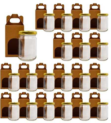 Espirito Rebelde Lot de 20 pots en verre vides avec couvercle de 150 ml avec 20 bôites en carton pour 1 pot de confiture - Inclut un couvercle à vis doré, pour confitures, conserves, miel