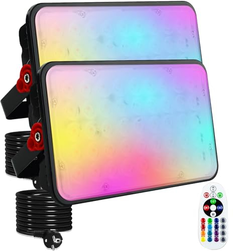 OUSIDE 2 Stück 100W RGB Strahler Outdoor mit Fernbedienung, IP66 Wasserdicht LED Strahler Bunt, 16 Farben, 4 Farbwechselmodi,Dimmbar