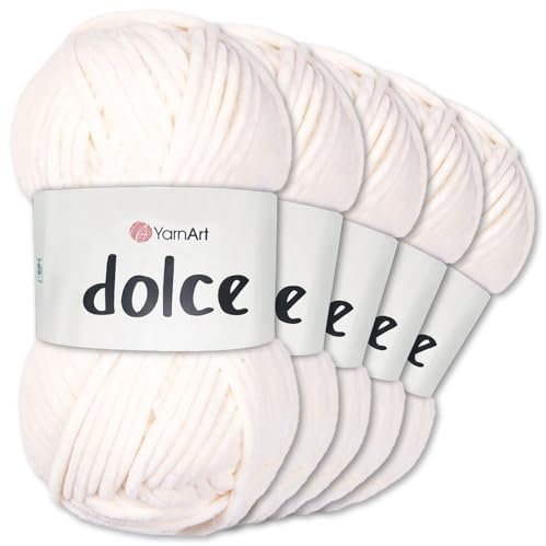 Frida's Wollhaus YarnArt 5 x 100 g Dolce Chenille Wolle Garn Stricken Häkeln Amigurumi 52 Farben (745 | Creme)