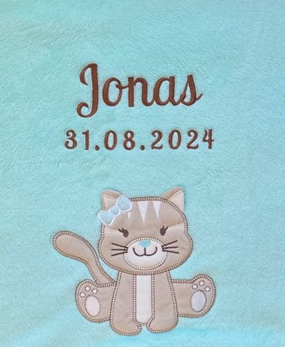 KIDDI-MEDIA Babydecke, Aqua, Katze | Mit Name und Geburtsdatum, Bestickt / kuschelig weich, ÖKO-TEX® Standard 100