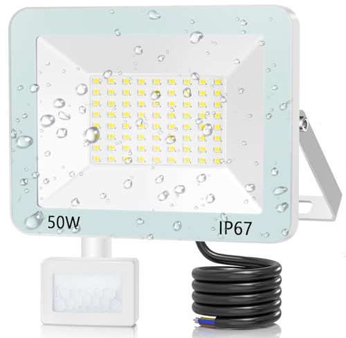 ANNIFUNLY Projecteur LED Exterieur Detecteur de Mouvement 50W 5000lm, Spot LED Extérieur Avec Detecteur Blanc Froid, IP67 Étanche Éclairage de Sécurité d'extérieur Pour Patio Terrasse Garage Jardin