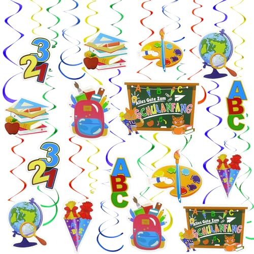Wentsent Einschulung Deko, 30Stück Schulanfang Deko für Schulkind Mädchen und Junge, Zuckertüte ABC 123 Hängende Wirbel Spiral Girlande 1. Schultag Schuleinführung Zurück zur Schule Dekoration