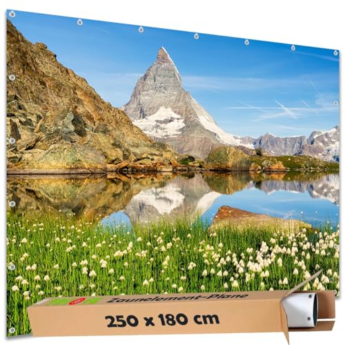 TRIOSK Sichtschutz Garten Deko Zaun Plane Blickdicht groß mit Zaunblende Motiv Berg Matterhorn Schweiz für Zaunelement Doppelstabmatten Stabmattenzaun Gartenzaun PVC 250x180 cm