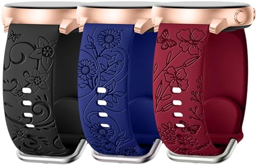 AMSKY 3 Pièces Floraux Bracelet Compatible avec Samsung Galaxy Watch 7/4/6/5 40mm 44mm, Watch 6/4 Classic 43mm 47mm 42mm 46mm, 5 Pro 45mm, FE 40mm, 3 41mm, Bracelet 20mm en Silicone Femme
