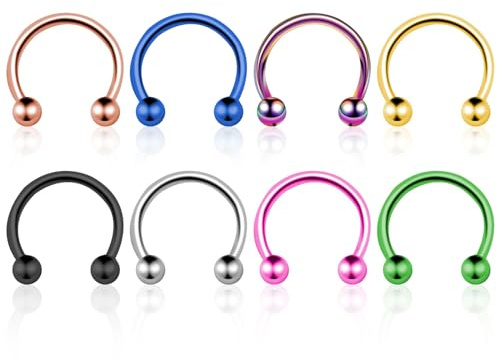 FACOKO 8PCS G23 Titanium Horseshoe Septum Rings, 16G Nose Rings, Ball Horseshoe Circular Barbell Septum Jewelry Set for Women Men 6mm-12mm Gold/Silver/Black/Rose Gold/Rainbow/Pink/Blue/Green