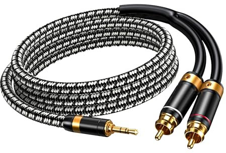 Primeda Audiophile 3.5mm male to 2 RCA male cable 3M, Stereo Audio adapter Silvered-Plated Copper core Braided for Smartphones Tablets Speakers HDTV and More