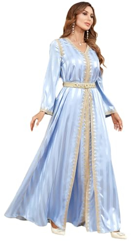 Frauen Ramadan Satin 2 Stück Kaftan Set Muslim Abaya Solid Tape Trim Volle Ärmel V-Ausschnitt Türkisch Arabisch Kleider