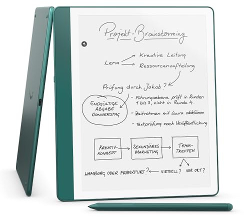 Zertifiziert und generalüberholt Amazon Kindle Scribe (64 GB) -Neuartiges Display mit gleichmäßigem Rahmen | Direktes Schreiben in Büchern und Dokumenten | Mit Premium-Eingabestift – Jadegrün Metallic