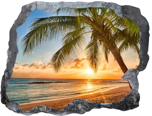 Indigos UG - Wandtattoo Wohnzimmer 3D Effekt - 120x68 cm - Wandaufkleber - Palme Meer - Durchbruch Wanddeko - Graue Wand - Landschaft, Ausblick - für Wohnzimmer, Schlafzimmer, Küche, Bad, Kinderzimmer