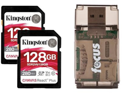 Kingston Canvas React Plus V60 UHS-II 128GB SD Memory Card with 280MB Per Second Read Speed (2-Pack) Bundle with Card Reader (3 Items)