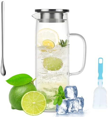 ZIGefofo Jarra Agua Cristal Botella Cristal 1.2 Litros, Jarra de Borosilicato Resistente al Calor, Botellas de Vidrio Transparente para Bebidas Frías y Calientes/Fría Caliente Té/Café/Jugo/Jarra