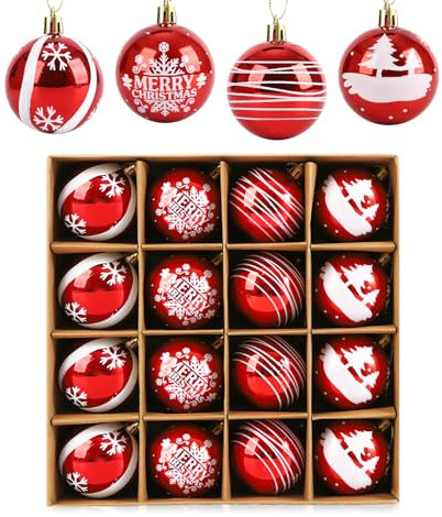 Traditional Christmas Decorations, Anstore 16pcs Christmas Baubles 6cm Shatterproof Xmas Tree Decorations in 4 Styles Red and White Baubles for Retro Vintage Christmas Decorations and Christmas Tree