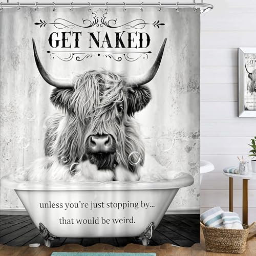 Famiffty Western Get Naked Hochlandkuh Duschvorhang, 152 x 183 cm, Bauernhaus, schwarz, weiß, grau, Rinder, Stier, Landhaus, Vintage, Wildtiere in der Badewanne, Badezimmer-Zubehör, Dekoration,