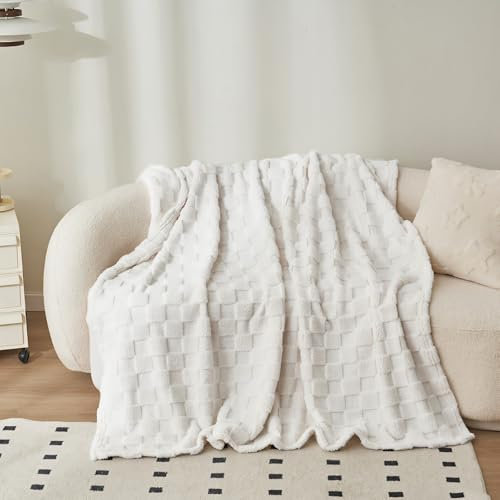 Kuscheldecke Flauschig Decke 150 x 200 Fleecedecke – Weiß Karierte Decken Weiche Warme Gemütlicher Schachbrettmuster Wohndecke Decken für Sofa Couch Bett