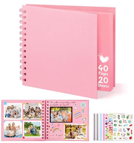 DazSpirit Album Fotos para Pegar y Escribir, 6-pulgadas Album Scrapbook de Recortes de Tapa Dura Cuadrado con 5 Pegatinas, Albunes para Fotos DIY para Bodas, Bebés y Aniversarios, 40 páginas, Rosa