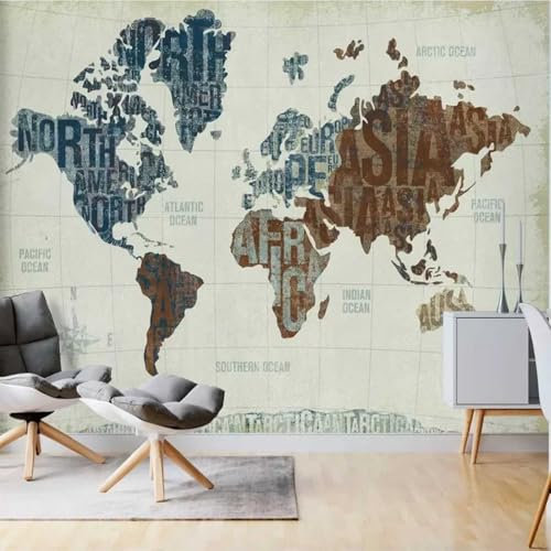 Kitquiver 3D World Map Wallpaper Mural 3D Retro English Letters Mural Wallpaper 3D Effect Decorationwallpaper Living Room for Bedroom 350x245cm