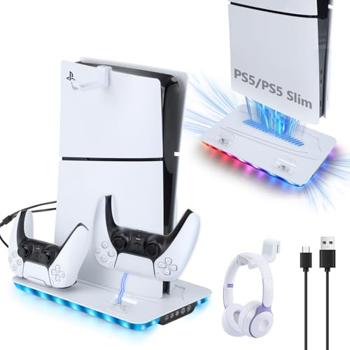 Senprity Supporto Verticale con Raffreddamento per PS5/PS5 Pro/PS5 Slim: Base di Ricarica con Doppio Caricatore, 3 Porte USB, Ventola a 3 Velocità e Luci RGB, Accessorio per PS5/PS5 Slim Pro