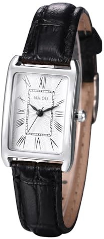 JewelryWe Damenuhr Leder Rechteckige Uhr: Vintage Analog Quarz Armbanduhr Damen Schwarz PU Lederarmband Kleine Uhr mit Römischen Ziffern Zifferblatt & Silber Rechteck Gehäuse
