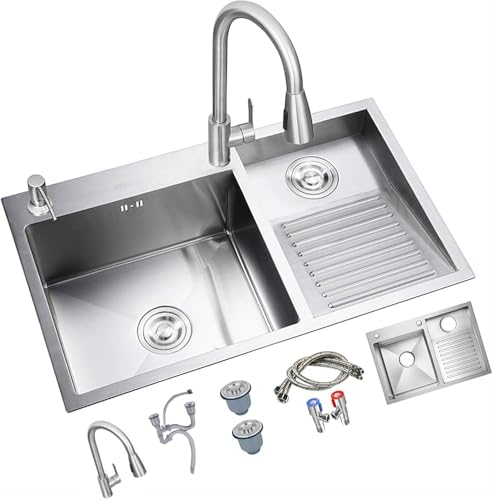 Wrobelax Doppelwaschbecken für Badezimmer, Haushalts-Edelstahl-Waschtisch, Waschbecken mit Waschbrett, ausziehbarer Wasserhahn, leicht zu reinigen (Größe: 60 x 48 x 22 cm, Farbe: rechts)