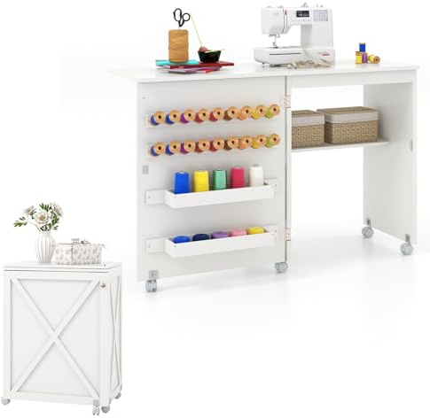 LIFEZEAL Nähmaschinenschrank klappbar, Nähschrank 2 in 1, Schreibtisch Holz mit Haken, Ablage & Rollen, Mobiler Nähtisch Nähmöbel für Zuhause & Büro (Weiß, 116 x 40 x 76 cm)