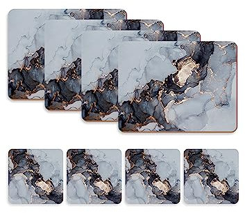 Naivasha Homeware Placemats and Coasters Set of 4 - Heat Resistant, Waterproof, Non-Slip Cork Table Mats in Matte Finish, Elegant Placemats & Coasters for Cups, Mugs, Plates & Pans - Day Marble
