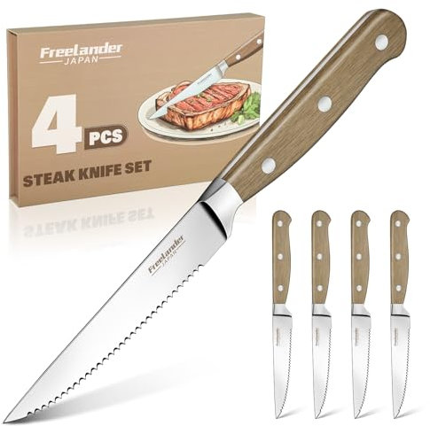 Freelander Steakmesser Set 4-teilig mit Wellenschliff und Ergonomischem Holzgriff, Scharfe Steakmesser für Schneiden von Steak und Fleisch, Ideal als Geschenk für Männer, Frauen in Geschenkbox