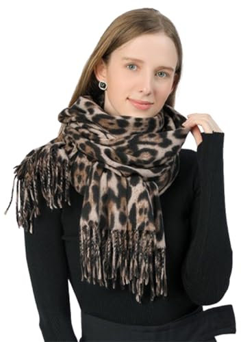LAOYEFACAI Schal Damen Winter Schal Leopardenmuster Stola Damen Warm Schals & Tücher für DamenGeschenke für Frauen Leichtes großes Tuch mit kurzen Fransen (Braun)