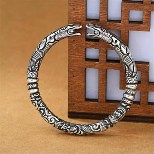 Retro Thai Silber 925 Silber Offenes Armband mit Geschnitzter Drachenstatue