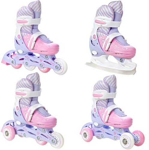 RAVEN 4in1 Inline Skates Triskates Rollschuhe Schlittschuhe Inliner für Kinder Mädchen verstellbar Geburtstag Geschenk (Loret Lila/Pink, 27-30 (16,5cm-18,5cm))