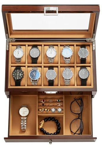Homruilink - Scatola porta orologi in legno con 10 scomparti, con coperchio in vetro, 2 ripiani, con 1 cassetto per anelli e bracciali, idea regalo
