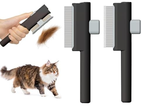 Marchul Katzenkamm-Set, selbstreinigender Flohkamm für Katzen und Hunde, Katzenpflegebürste mit Entriegelungsknopf und runden Edelstahlzähnen zum Entfernen von verfilztem und losem Fell, Schwarz, 2